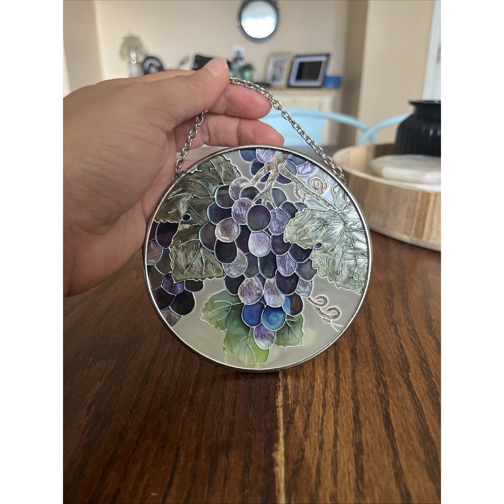 Joan Baker Hand Painted Suncatcher • Stained Glass Purple Grapes Round 4.5"